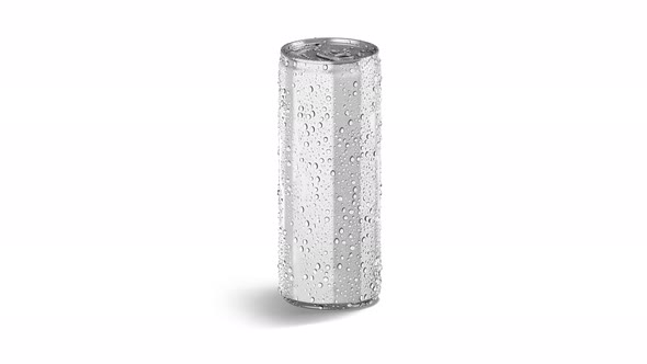 Blank white 450 ml soda can with drops, looped rotation