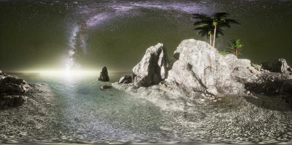 VR 360 Beautiful Fantasy Tropical Beach with Milky Way Star in Night Skies