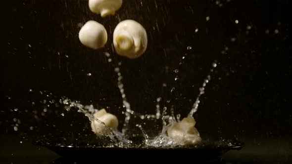 Mushrooms falling on a plate with water, Ultra Slow Motion alt