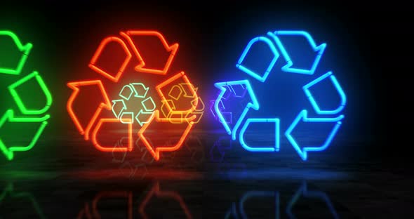 Recycling neon symbol 3d flight between