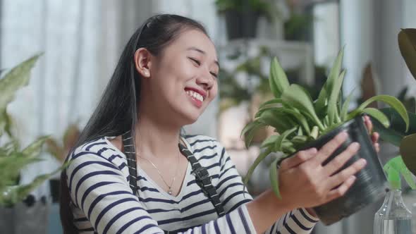 Close Up Side View Of Smiling Asian Woman Looking At The Plant In Hand And Shaking Her Head