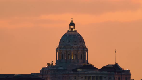 Dramatic evening timelapse of The Minnesota State Capitol in Saint Paul, as dusk falls and the skyli