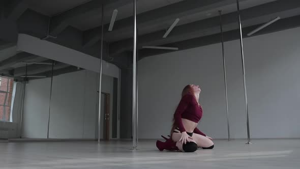 Seductive Female Doing Pole Dance in Studio