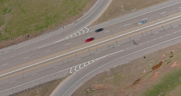 Aerial view over highway interchange driving along the freeway