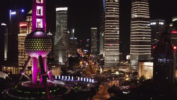 Aerial view of Shanghai downtown at night.