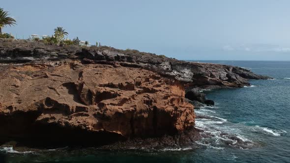 Majestic rocky coastline with palm trees on top in Tenerife island, aerial side fly view