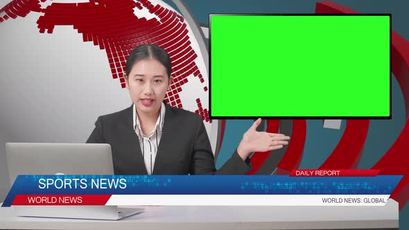 Live News Studio With Asian Female Anchor And Green Screen Television Reporting On The Events