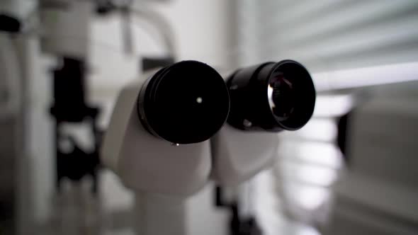 Close up of slit lamp microscope in optometrist office