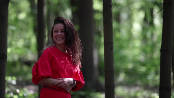 Happy Woman in Forest Portrait of Smiling Brunette at Nature Good Mood