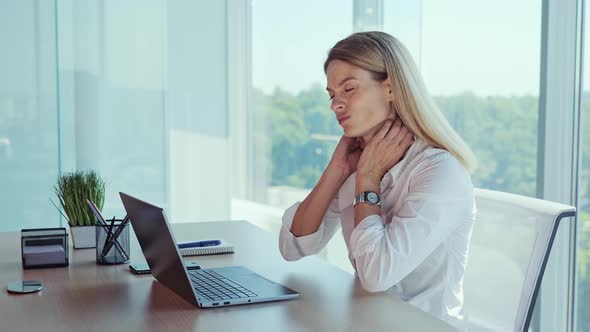 Neck Pain Side View Woman Sits at Workplace Experiences Severe Pain in Neck