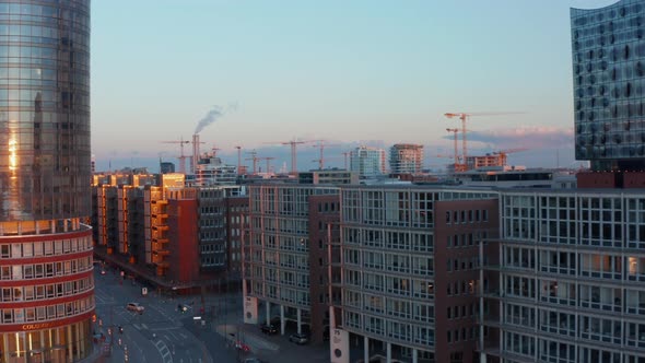 Aerial View of Urban Street in Hamburg City Center During Sunset