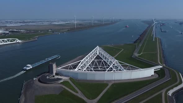 Aerial flight to one of the arms of the Maeslantkering storm surge barrier, part of the Delta Works