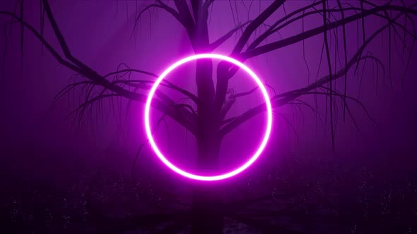 Glowing Purple Circle Logo Frame Front of Tree in the Spooky Dark Foggy Forest
