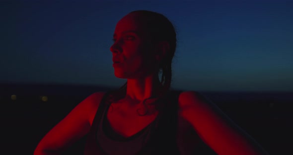 Slow Motion Closeup Portrait of Exhausted Woman Athlete Resting After Running Exercise Workout in