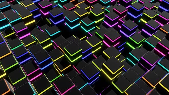 Abstract Looped Dark Background Waves of Cubes on Plane and Neon Lights