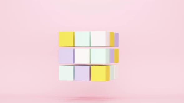 3D Abstract composition with colored flying cubes on a pink background