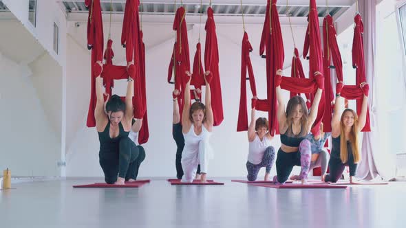 Motion Along Sportswomen Stretching at Oriental Fly Yoga