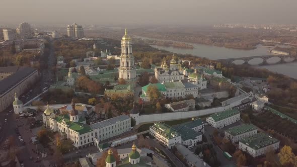 Aerial Kyiv Pechersk Lavra churches and monastery on hills of Dnipro river Ukraine