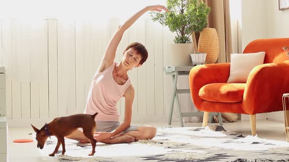 Woman in Sportswear Doing Stretching on Floor in the Dormitory with Natural Consecration and a Pet