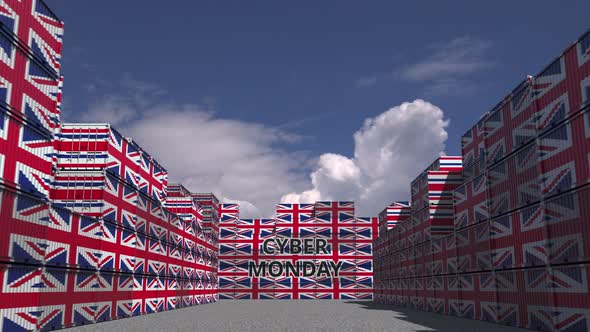 Containers with CYBER MONDAY Text and Flags of the UK