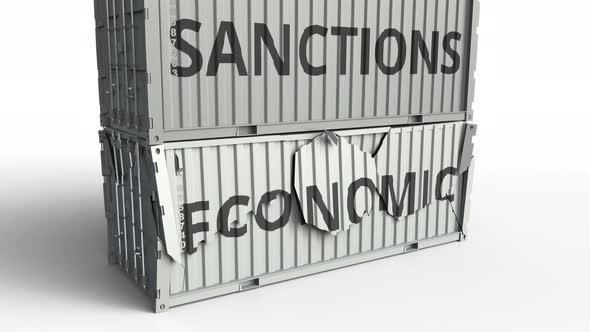 Container with ECONOMIC Text Being Broken By Container with SANCTIONS Inscription