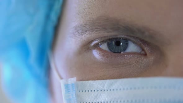 Surgeon Face in Mask, Male Therapist Posing for Camera, Extremely Closeup