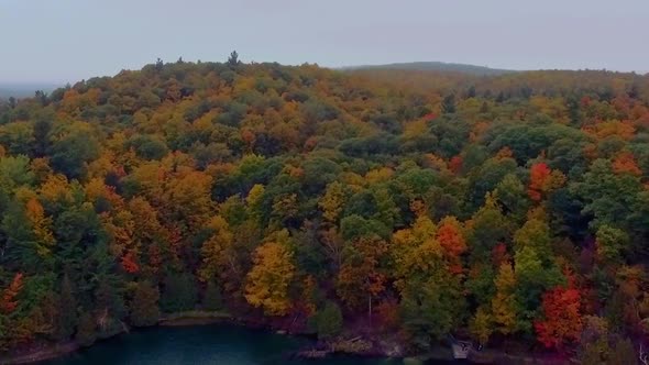 Calming drone tracking shot of the colorful forest at Gatineau Park during the Fall season.