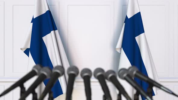 Finnish Press Conference with Flags of Finland alt