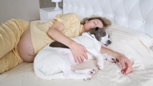 Pregnant Woman Sleeping In Bed At Home And Hugging Her Dog