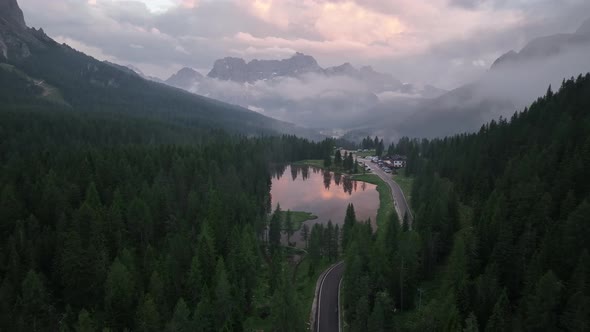 Mountain lake in the Dolomites with Tre Cime di Lavaredo reflection