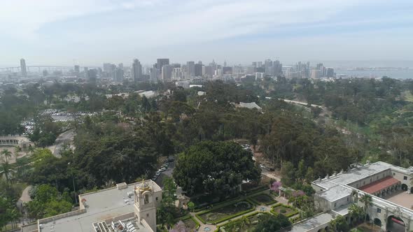 Aerial view of skyscrapers and Balboa Park