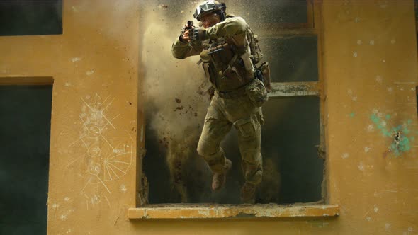 Soldier jumping after explosion, slow motion