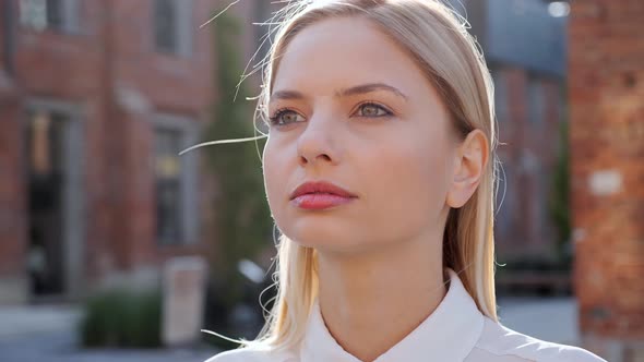 Dreamy Blonde Girl Opening Beautiful Eyes Looks Forward Wind Blowing Long Hair