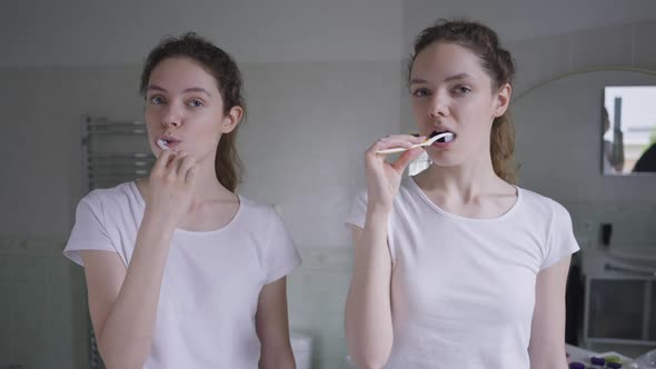 Front View Portrait Confident Caucasian Young Twin Sisters Brushing Teeth Looking at Each Other