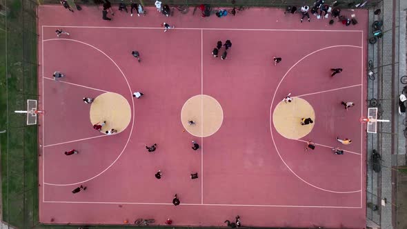 Basketball court action aerial view 4 K