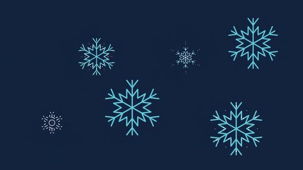White and blue snowflakes appear in a dark blue sky