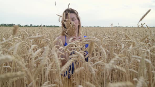 Beautiful Ukrainian Woman Wearing Dress in Ukrainian National Flag Colours Blue and Yellow at Wheat