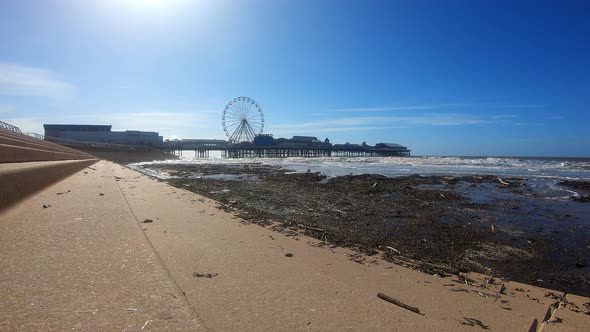 Stunning aerial view of the famous Blackpool pier at high tide, by the award winning Blackpool beach