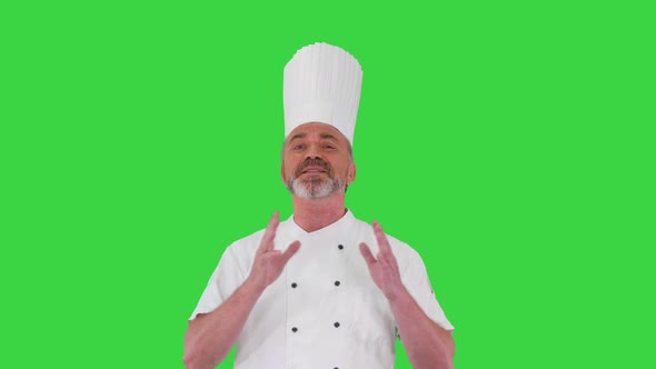 Mature Chef Talking To Camera Explaining Something on a Green Screen Chroma Key