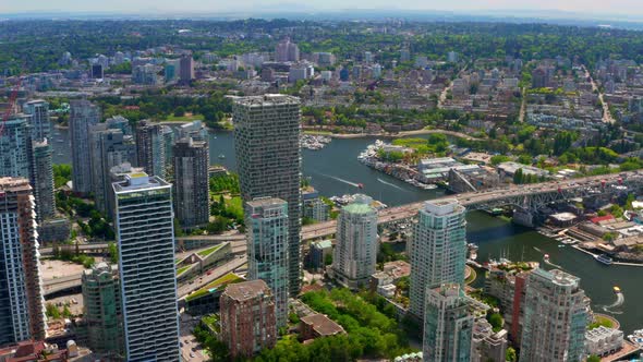 Aerial View Of High-rise Buildings With Granville Bridge And Island In West End, Vancouver, Canada.