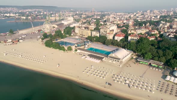 Aerial video of Varna center and the beach. The sea capital of Bulgaria.