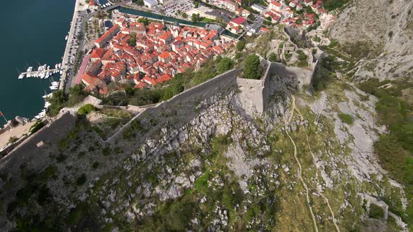 Aerial Shot of the Fortress St John San Giovanni Over the Old Town of Kotor the Famous Tourist Spot