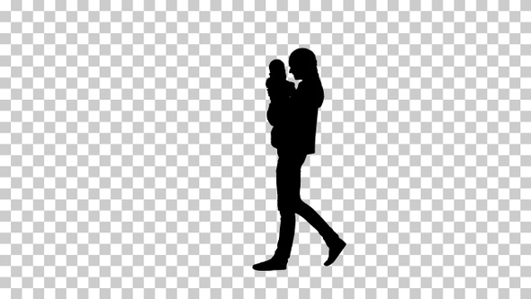 Silhouette mother holding her baby and walking, Alpha Channel