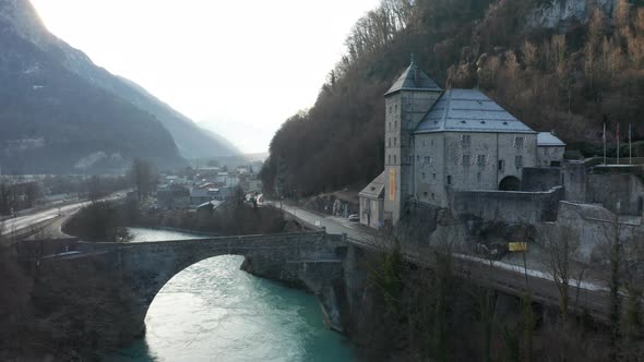 Aerial of beautiful old castle Saint-Maurice near a blue river