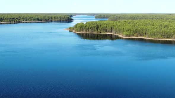 Flight Over the Taiga Forest Lake