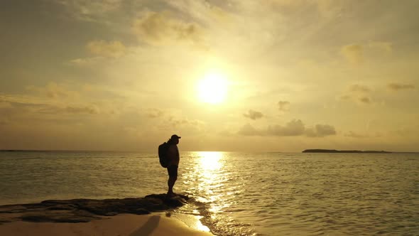 Girl loves life on paradise coast beach break by transparent ocean with clean sandy background of th