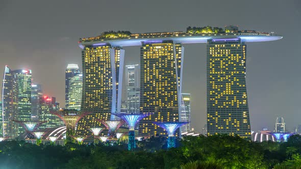 Marina Bay Sands Gardens By the Bay with Cloud Forest Flower Dome and Supertrees Night Timelapse