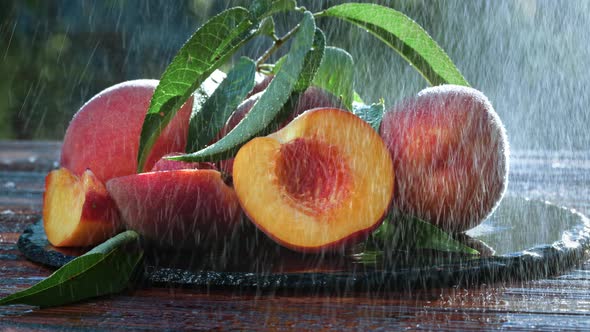 Ripe Nectarines Rotating on Black Surface with Water Drops or Dew. Abstract Organic Backdrop. Juicy