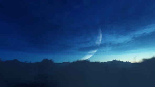 Half Moon In Night Sky With Clouds And Stars