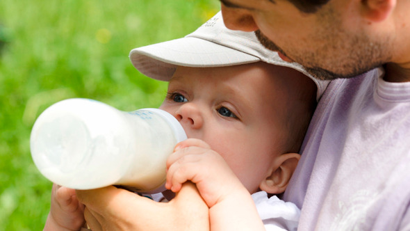 Dad Feeding His Baby From The Bottle Outdoor